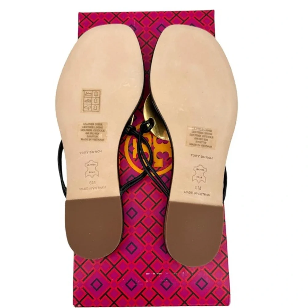 NEW TORY BURCH Patos Leather Disc Flat Thong Sandals In Black - Women's‎ Size 6